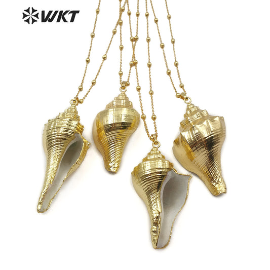 WT-JN071 Natural Sea Shell Pendant for Women Fashion Jewelry Making Boho Style Full Gold Dipped Trumpet Shell Necklace
