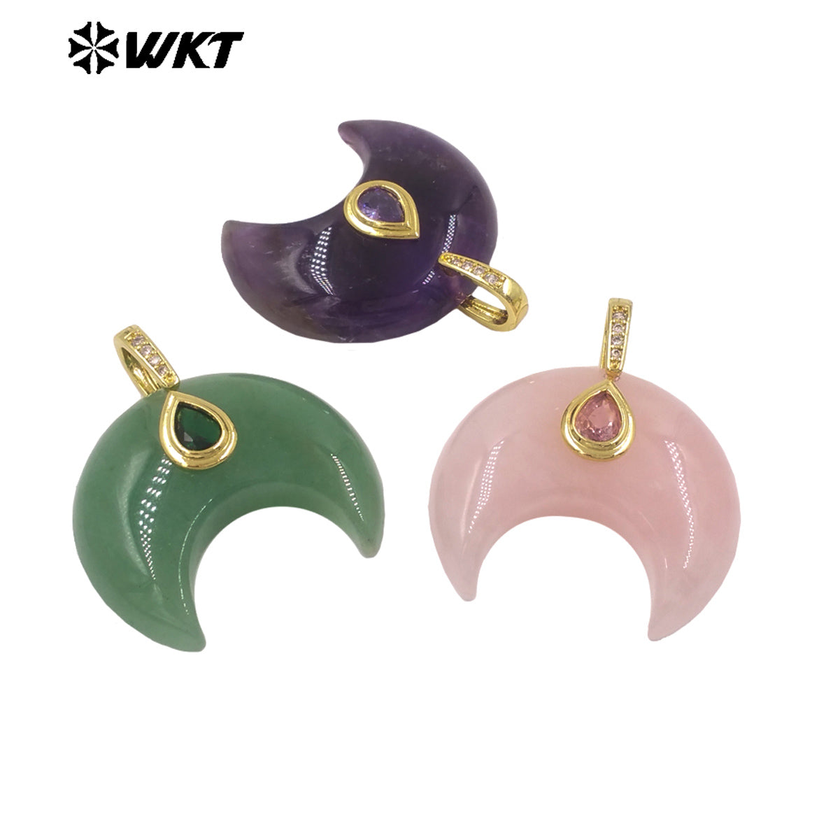 WT-P2143 Hot Popular Waterdrop Zircon And Natural Gemstones Horn Shape Little Pendants For Lady Handmade Necklace Decorative