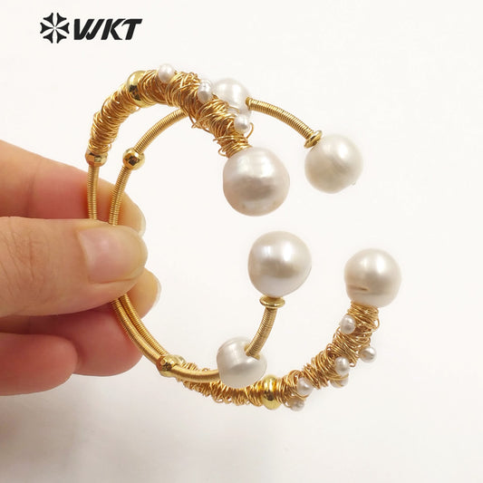 WT-B511 Exclusive High Populared Natural Fresh Water Pearl Bangle in Wire Wrapped for Lady Birthday Bangle