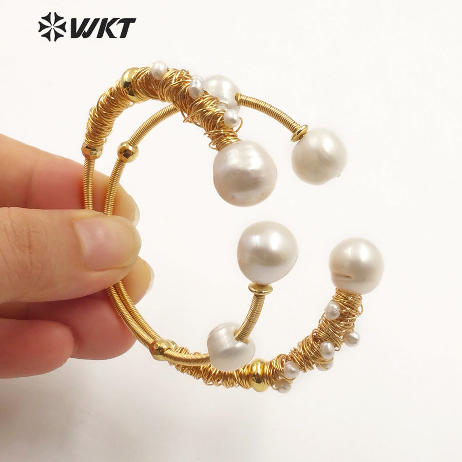 WT-B511 Exclusive High Populared Natural Fresh Water Pearl Bangle in Wire Wrapped for Lady Birthday Bangle