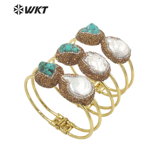 WT-MPB086 WKT 2023 New 18k Gold Plated Turquoise and Freshwater Pearl Cuff Bangle Boho Rhinestone Make Stone Bangle for Gift