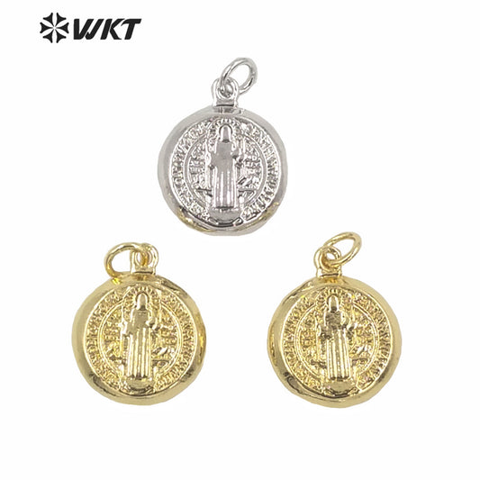 WT-MP153 Wholesales Gold Electroplated Religious Jewelry Jesus Christ Pendant Small Size Round Gold Coin Pendant Jesus Pendants