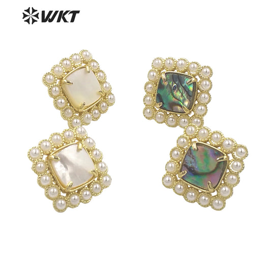 WT-MPE119 Latest Design Fashion Square Shape Claw Setting With Natural Shell Inner Gold Plated Women Studs