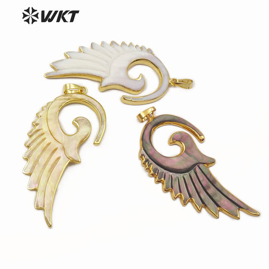 WT-P905 WKT New Style! Genuine Natural Sea Shell Feather Pendant, 18k Gold Dipped Shell Feather Pendant