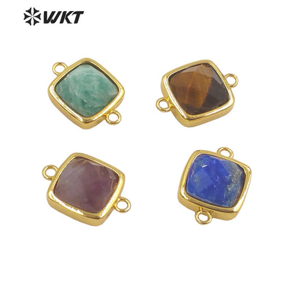 WT-C305 Wholesale Fashion Gold Bezel Double Loops Small square Stone Connectors for Jewelry DIY Design Findings