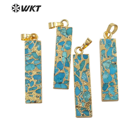 WT-P1697 Wholesale Natural New Copper Turquoise Long Bar Pendant Gold Electroplated Trim Rectangle Stone Pendant Jewelry