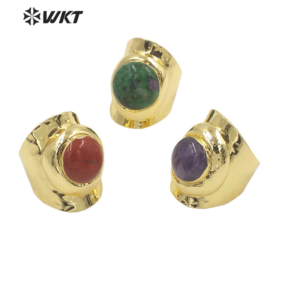 WT-R441 Wholesale Fashion 18k Gold Plated Resist Tarnishable Round Stone Ring Lovely Energy Gemstone Cocktail Ring