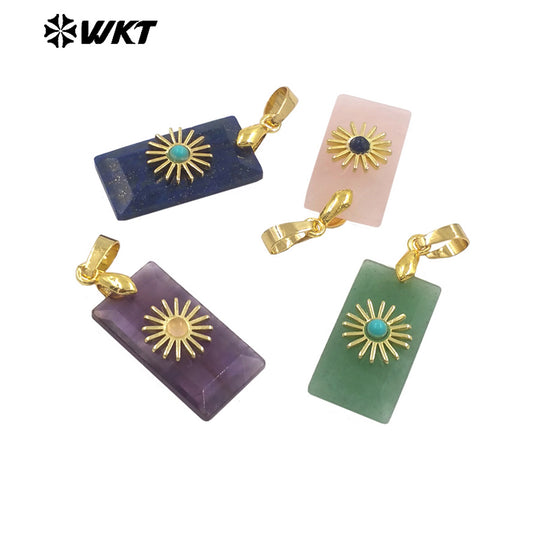 WT-P2011 Fashion Popular Rectangle Natural Gemstones Gold Plated Set In Little Stone Pendant For Necklace Handmade Charms
