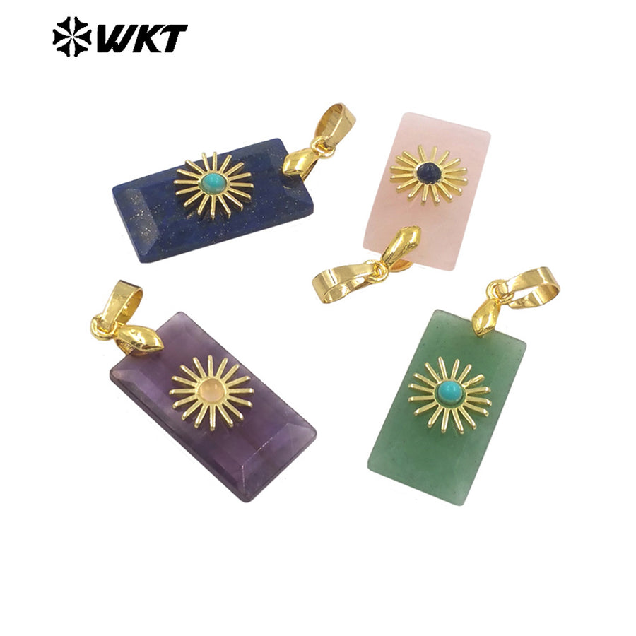 WT-P2011 Fashion Popular Natural Gemstones Gold Plated Set In Little Rectangle Stone Pendant For Necklace Handmade Charms