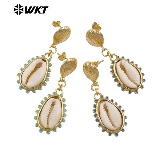 WT-MPE171 Hand Making Bohemian Style Gold Plated Natural Cowrie Shell Earrings For Women Beach Holidays Wearing Jewelry