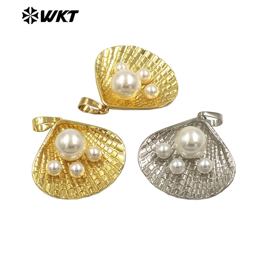 WT-JP399 Wholesale New Arrival Three Manmade Pearl Pendant Gold/Silver Plated Shell Shape For Women Jewelry Making Accessory