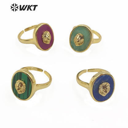 WT-R351 New Design Natural Gemstone With Lion Head Charm Ring Gold Plated Fashion Charming Jewelry Gemstone