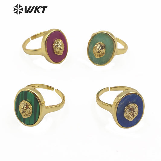 WT-R351 New Design Natural Gemstone With Lion Head Charm Ring Gold Plated Fashion Charming Jewelry Gemstone
