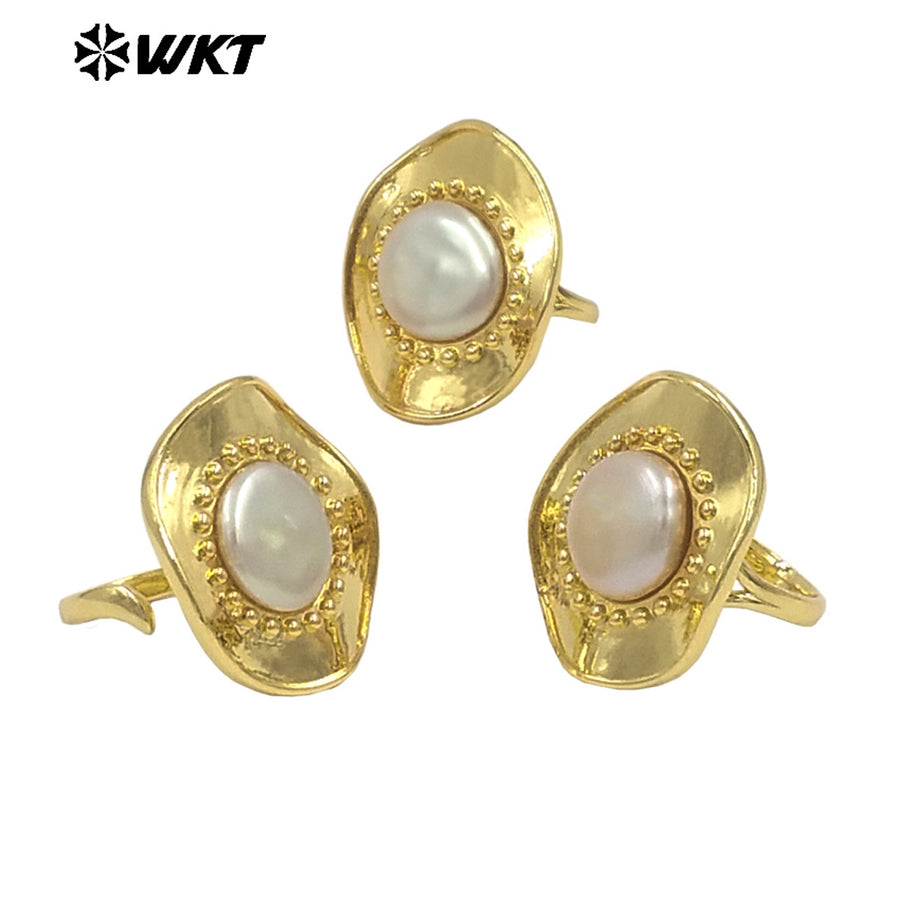 WT-MPR134 Newest Style Gorgeous Natural One Big Freshwater Pearl Cocktail Ring for Daily Match in 18K Gold Plated