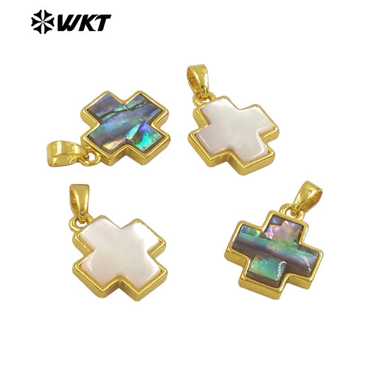 WT-JP380 Wholesale Fashion Gold Plated Bezel Setting Natural Shell Cross Jewelry Pendants Religious Jewelry