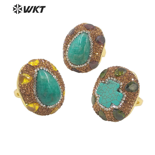 WT-R498 New Popular Vintage Style Rhinestone and Amazonite Turquoise Stone Setting Handmade Adjustable Sizee Gold Plated Ring