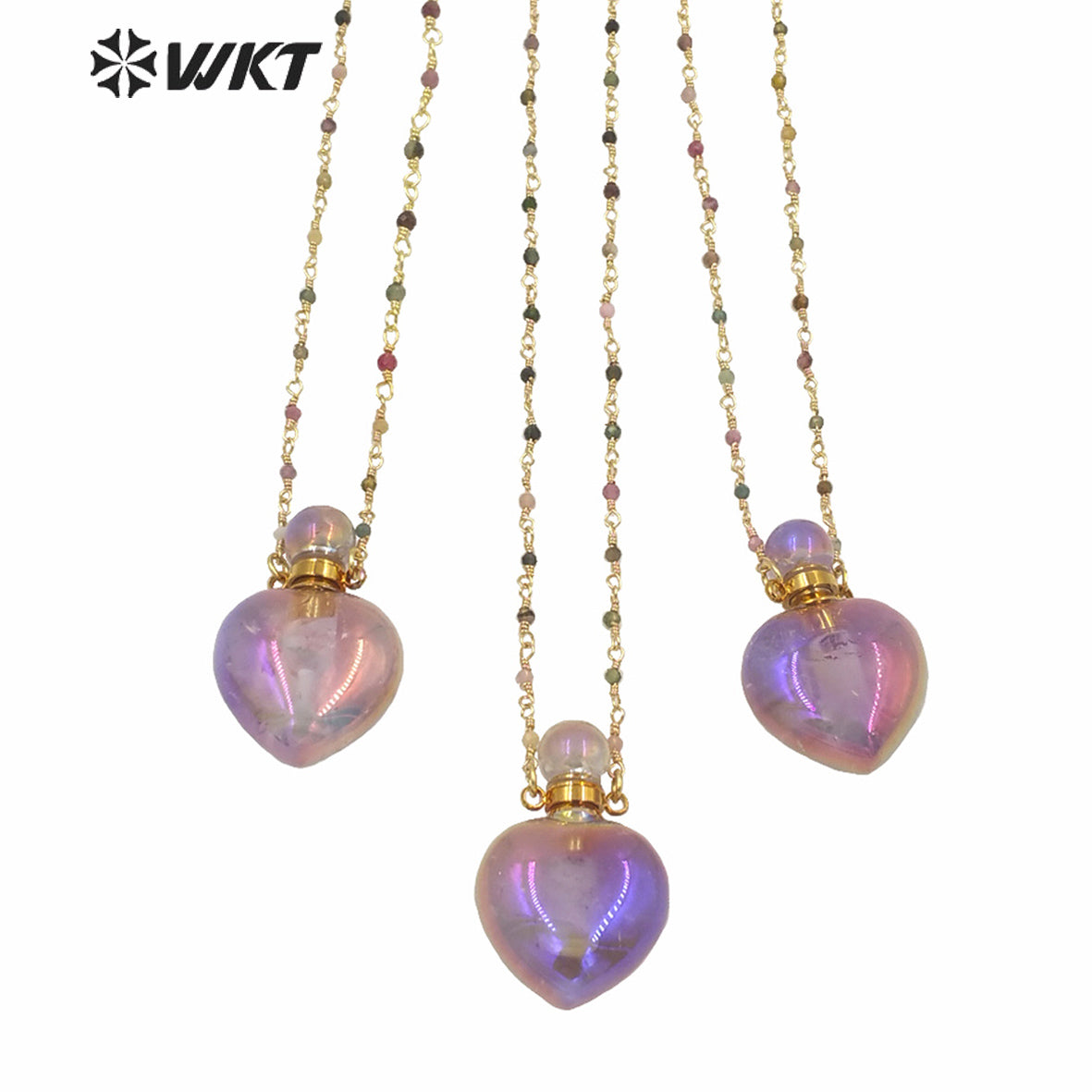 WT-N1238 Wholesale Gorgeous Amazing Heart Purple Bottle Necklace Natural a Methyst Stone Heart Perfume Bottle Necklace
