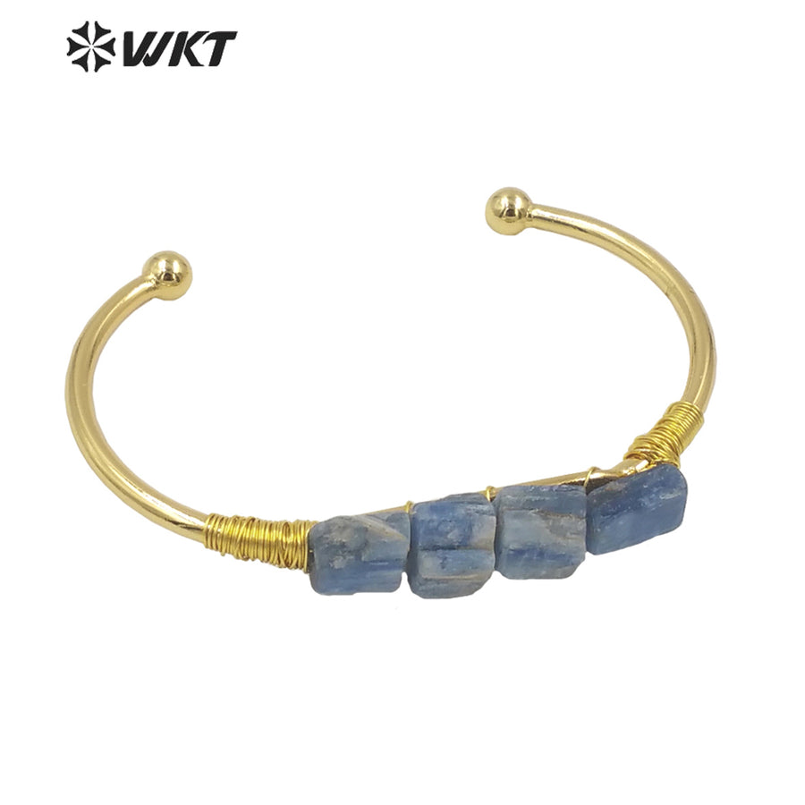 WT-B596 WKT Blue Natural Stone Blue Kyanite Opening Adjustable Gold Plated Bangle Beautiful Women Fashion Vintage Style Bangle