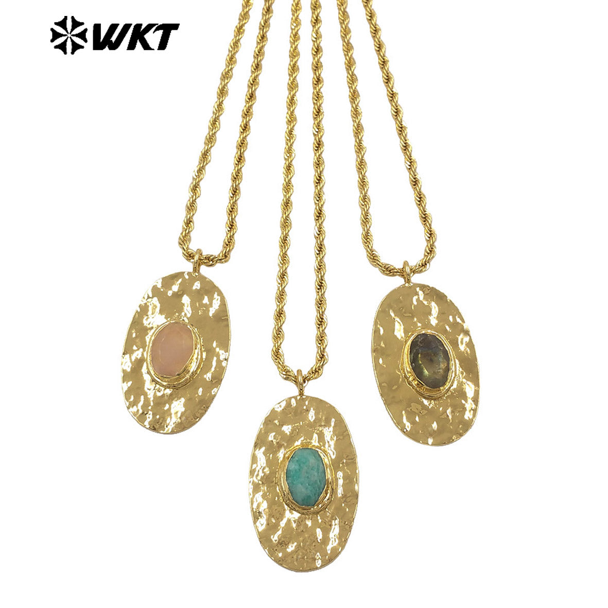 WT-N1538 Elegant Style Brass Chain With Gold Plated Natural Gemstone Oval Pendant Necklace For Lady Friend Birthday Gift