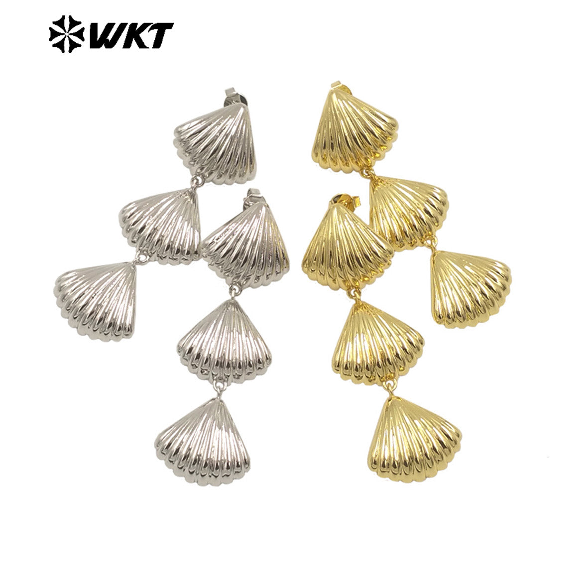 WT-E765 High Quality 18K Gold Plated and Silver Shell Patchwork Long Earrings for Women As Valentine's Day and Anniversary Gifts