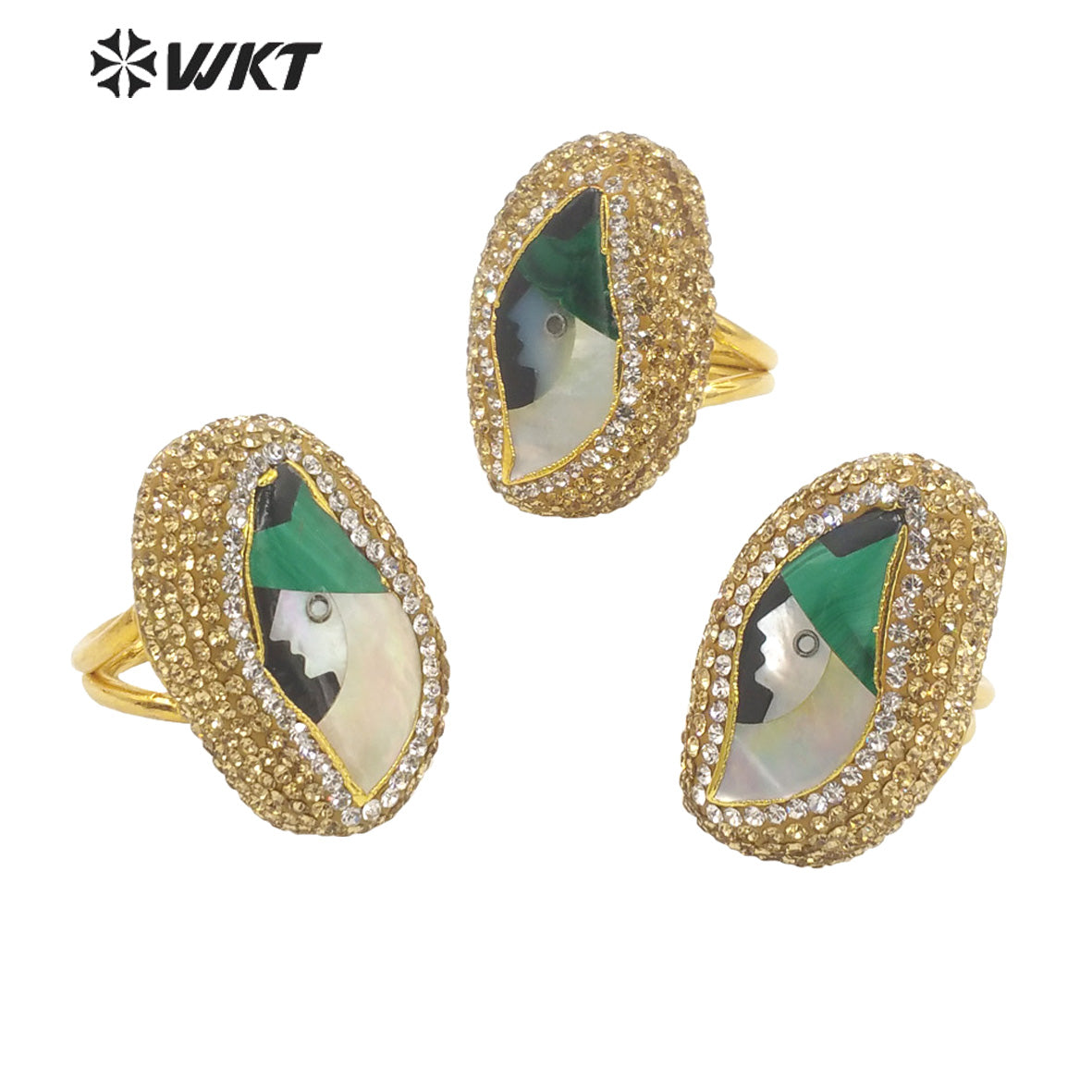WT-MPR033 Rustic Malachite Ring Pearl Shining Rhinestone 18k Gold Plated Delicate Elegant Lady Head Ring Natural Pearl Ring