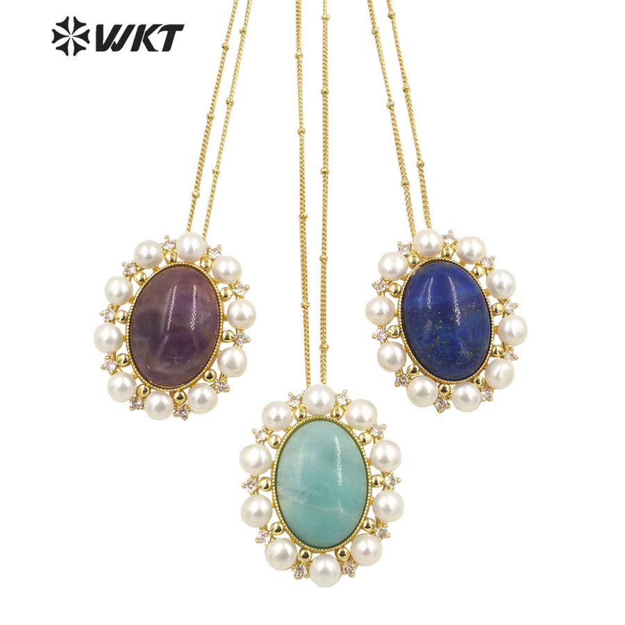 WT-MN979 New Light Luxury Design Natural Gemstone Pendant Pearl Zircon Exquisite Charming Pendant Natural Gemstone Necklace