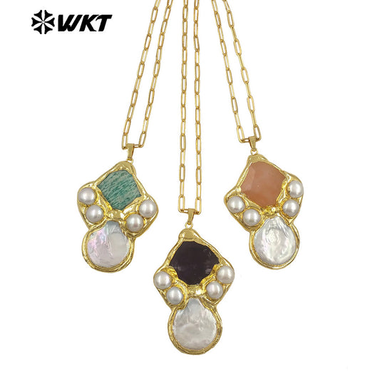 WT-JN345 Delicate Rectangle Chain With Gold Plated Natural Gemstones And Pearl Pendant Necklace For Unique Fashion Birthday Gift