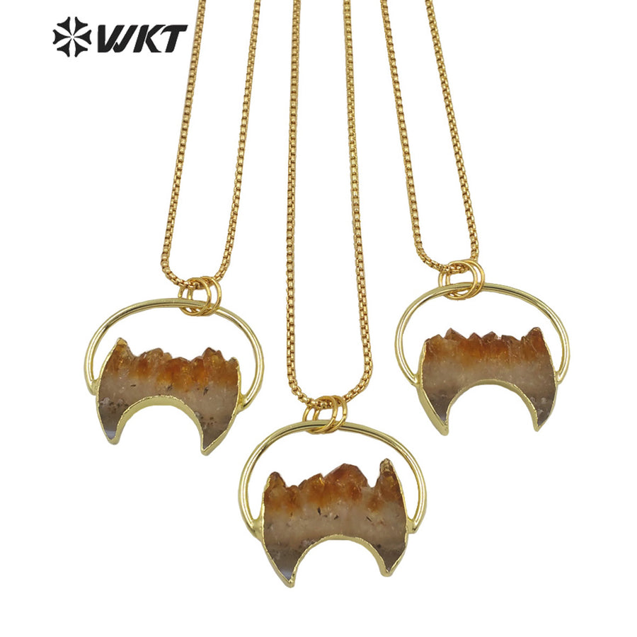 WT-N1267 WKT Amazing Design 18k Gold Plated Natural Yellow Citrine Quartz Crescent Horn Stone Necklace Precious Birthday Stone