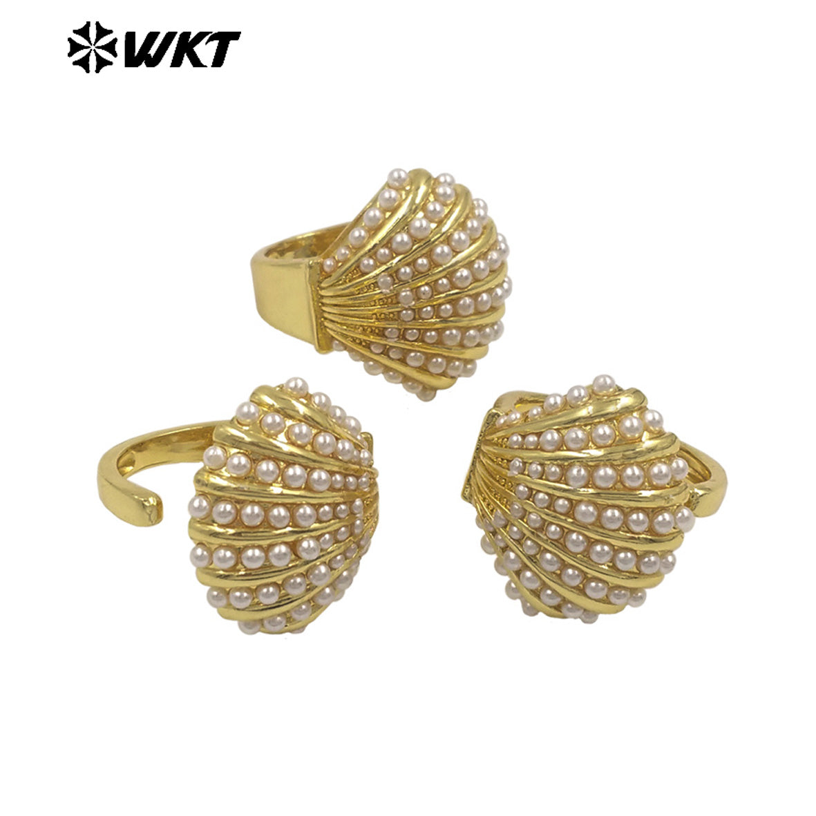 WT-MPR163 Wholesale Luxury Delicate Gold Plated Artificial Pearl Metal Shell Shape Ring For Lady Wedding Wearing Jewelry