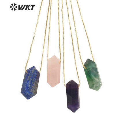 WT-N1373 Crystal clear Hexagonal Column Necklace Concise Style Pendant Colorful Stone Simple Jewelry Natural Stone Necklace