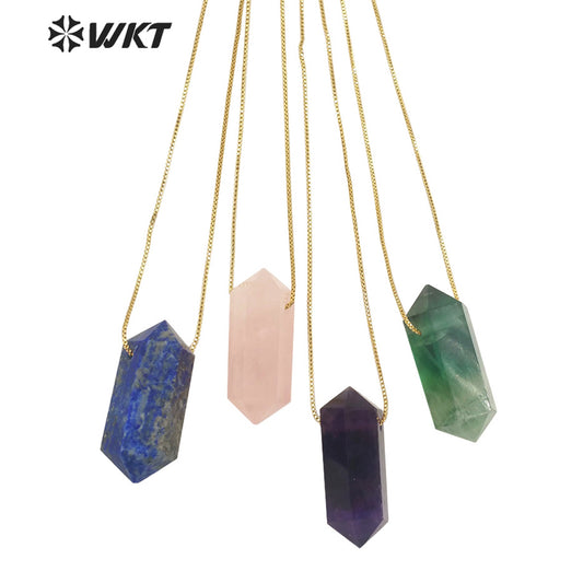 WT-N1373 Crystal clear Hexagonal Column Necklace Concise Style Pendant Colorful Stone Simple Jewelry Natural Stone Necklace