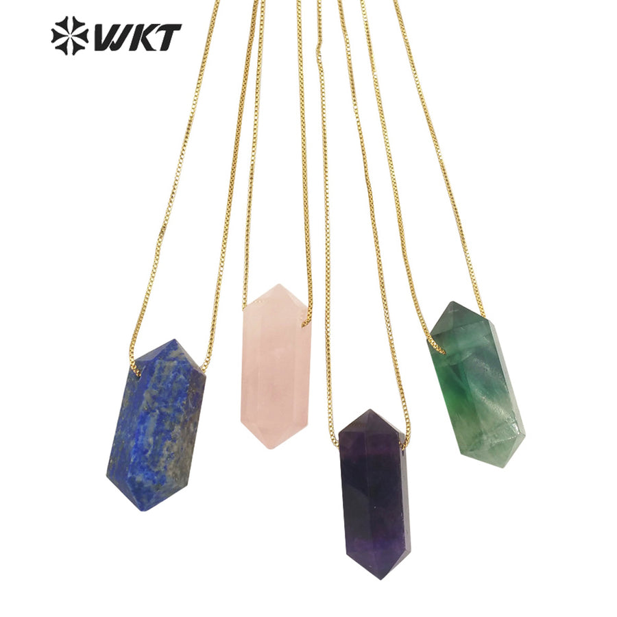 WT-N1373 Crystal clear Hexagonal Column Necklace Concise Style Pendant Colorful Stone Simple Jewelry Natural Stone Necklace