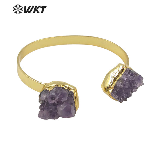 WT-B594 WKT 2022 Fashion Style Natural Amethyst Jewelry Stone Bracelet Opening Adjustable Gold Stone Bangle Women Jewelry