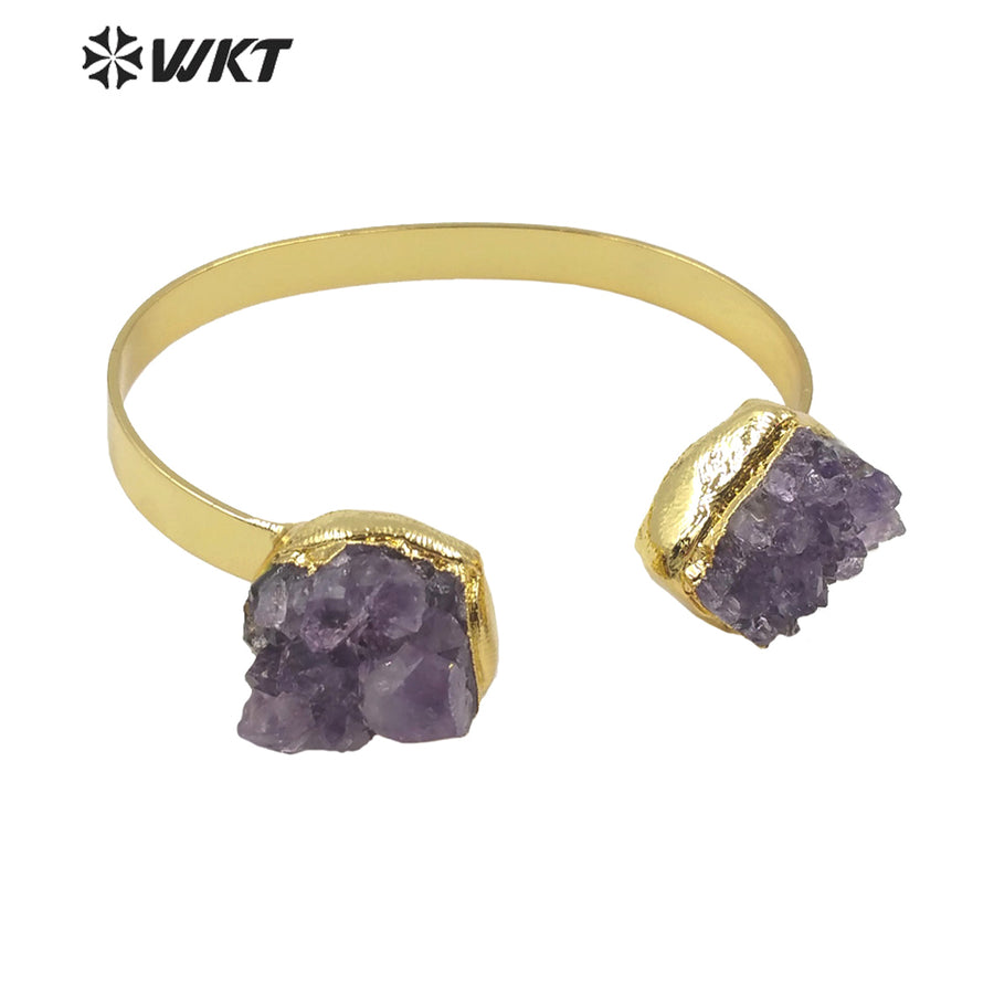 WT-B594 WKT 2022 Fashion Style Natural Amethyst Jewelry Stone Bracelet Opening Adjustable Gold Stone Bangle Women Jewelry