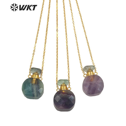 WT-N1457 New Design Natural Rainbow Fluorite Faceted Gold Plated and Stainless Steel Essencial Oil Bottle Necklace Jewelry