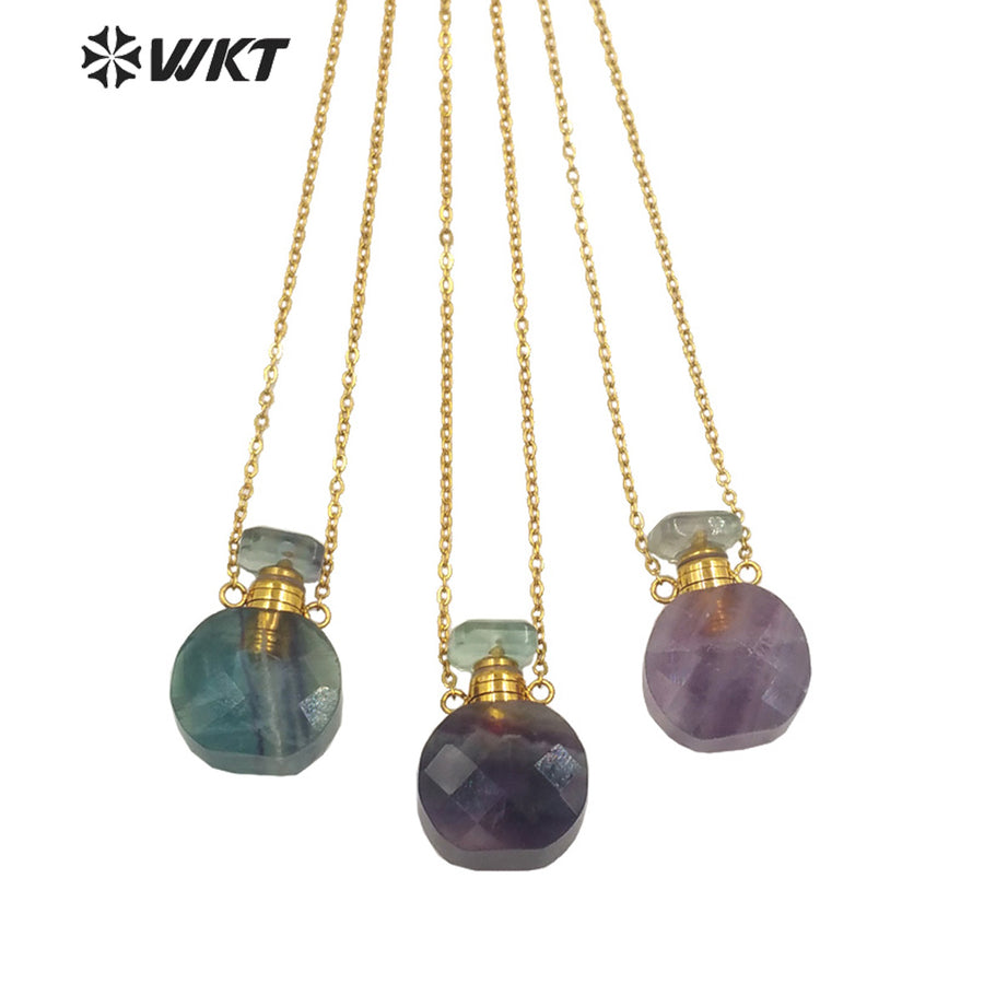 WT-N1457 New Design Natural Rainbow Fluorite Faceted Gold Plated and Stainless Steel Essencial Oil Bottle Necklace Jewelry