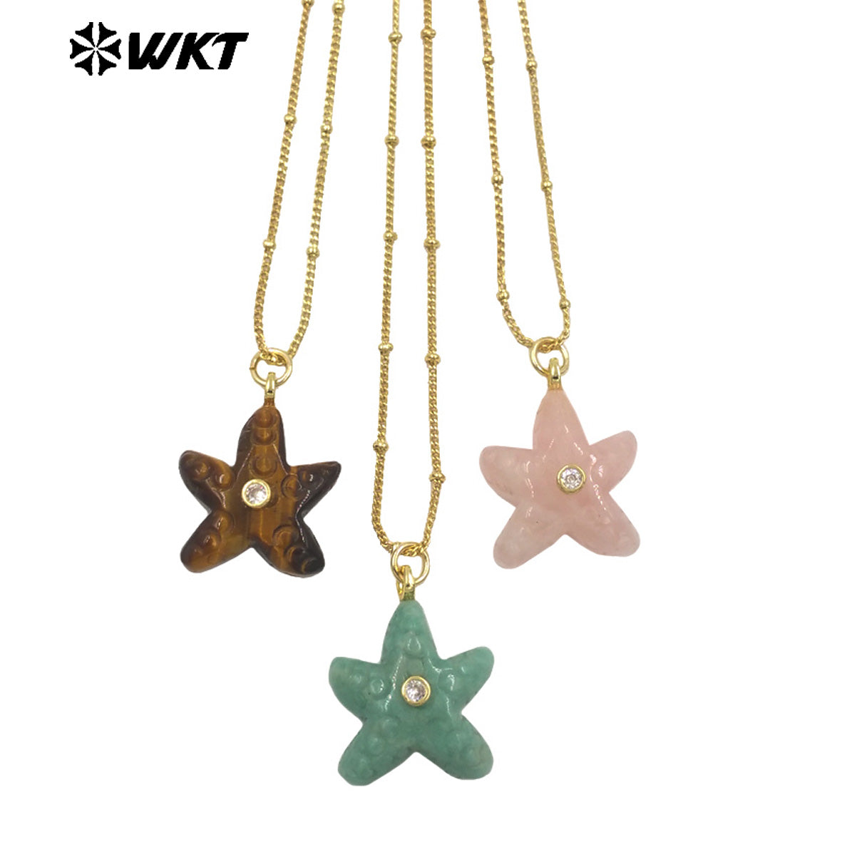 WT-N1532 Popular Trendy Gold Thin Chain With Starfish Shape Natural Gemstones Pendants Necklaces As Female Daily Decoration
