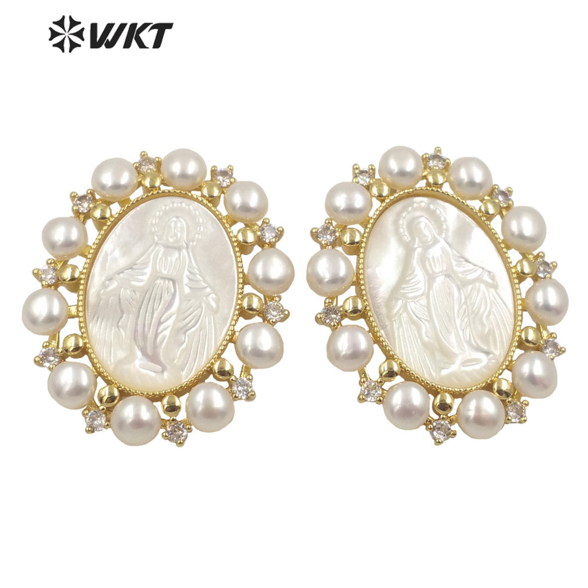 WT-JP277 Amazing Unique Gold Micro Pave Cubic Zircon White Shell Pendant European Hot Gorgeous Pearl Charm Mary Pendant