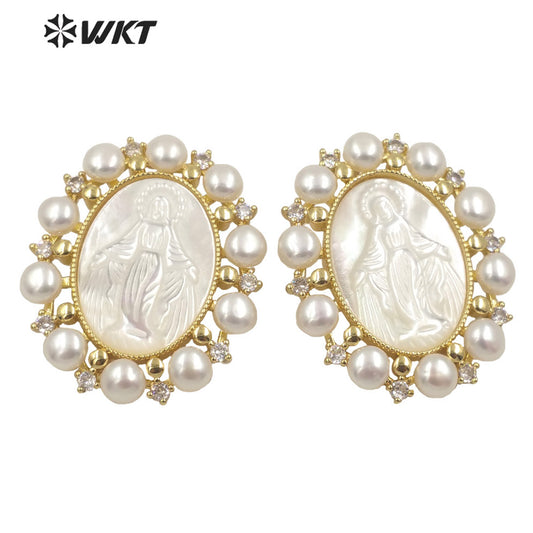 WT-JP277 Amazing Unique Gold Micro Pave Cubic Zircon White Shell Pendant European Hot Gorgeous Pearl Charm Mary Pendant