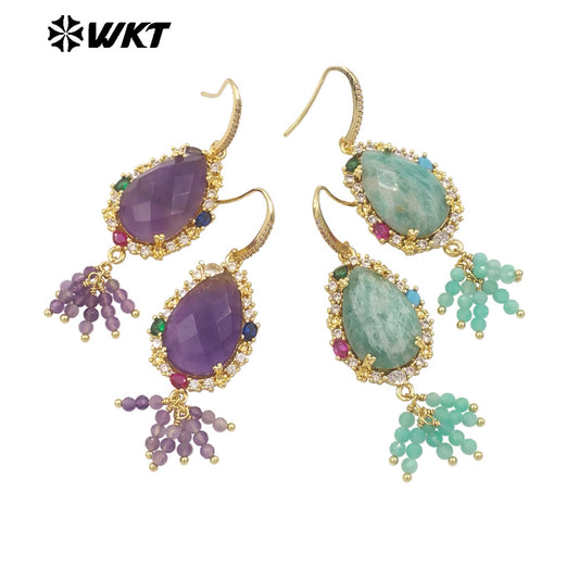 WT-ME107 WKT New Design Most Popular Handmade Wire Wrapped Tiny Beads Dangle Drop Stone Earring With Hoop Gold Party Studs