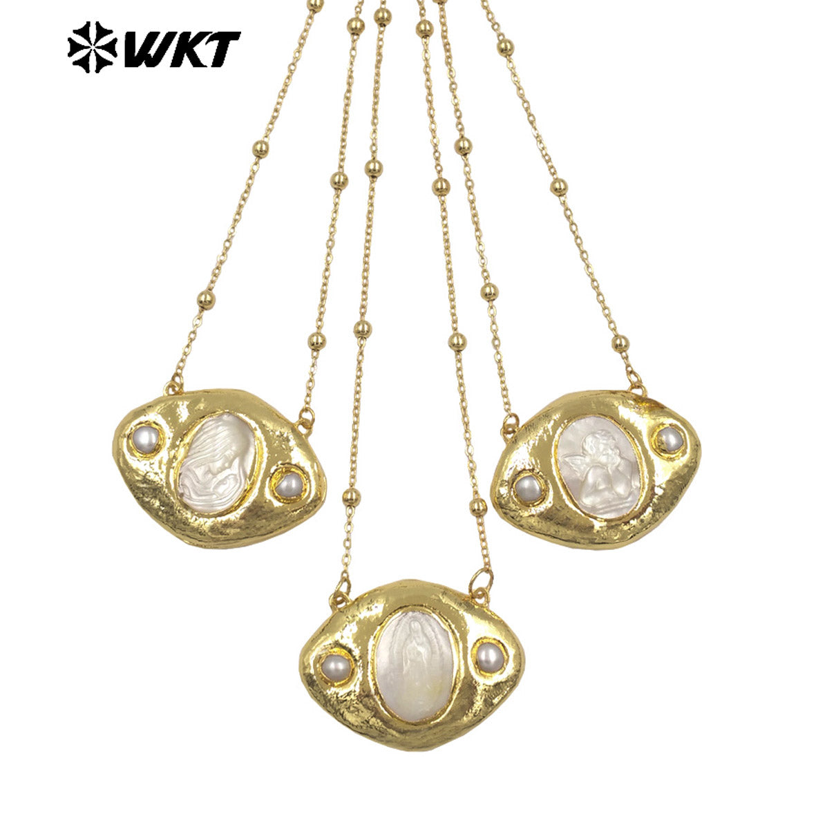 WT-JN388 Factory Wholesale Gold Plated Chain With Religious Style Mother Of Pearl Pendant Necklace For Women Unique Jewelry