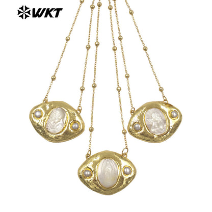 WT-JN388 Factory Wholesale Gold Plated Chain With Religious Style Mother Of Pearl Pendant Necklace For Women Unique Jewelry