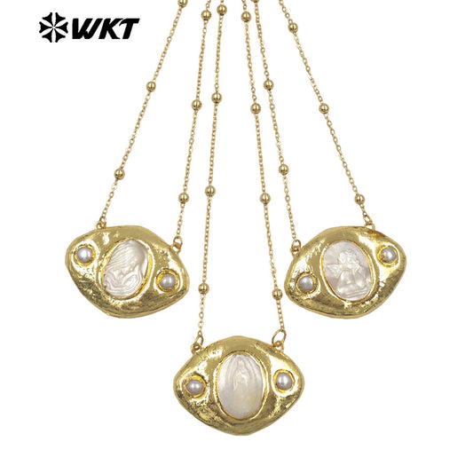 WT-JN388 Factory Wholesale Gold Plated Chain With Religious Style Mother Of Pearl Pendant Necklace For Women Unique Jewelry