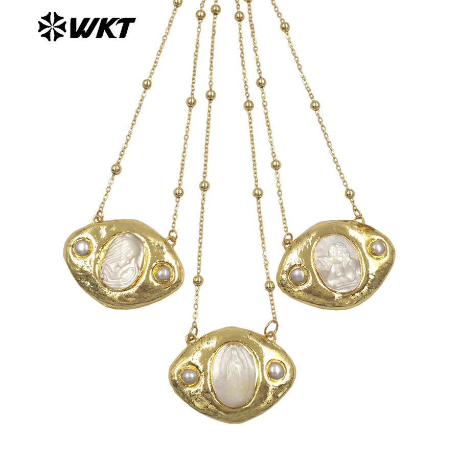 WT-JN388 Factory Wholesale Gold Plated Chain With Religious Style Mother Of Pearl Pendant Necklace For Women Unique Jewelry