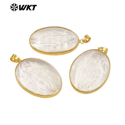 WT-JP427 New Sales Gold Plated Oval Shape Natural Crystal Quartz Stone Hand Carved Figure Clear Pendant For Necklace DIY