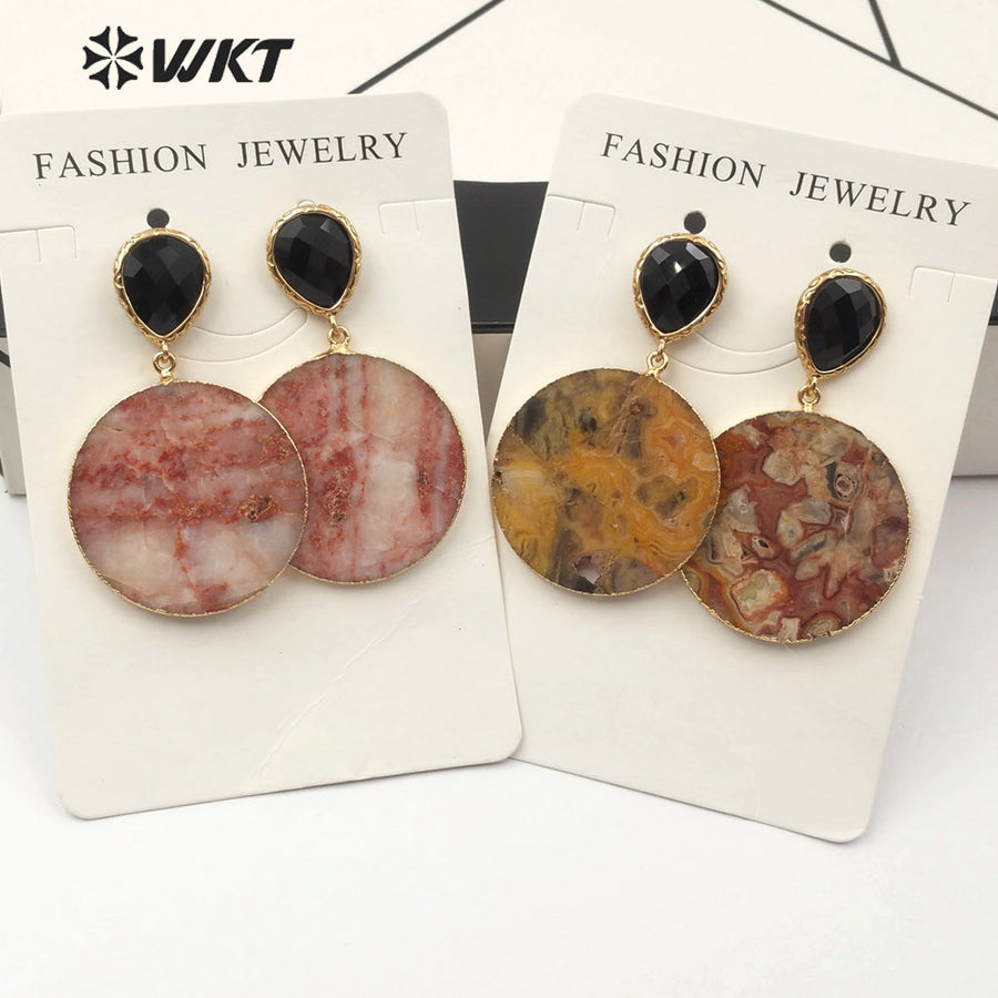 WT-E562 Wholesale Natural Stone Sliced Round Earrings Elegant Noble Fashion Slice Natural Stone Earrings