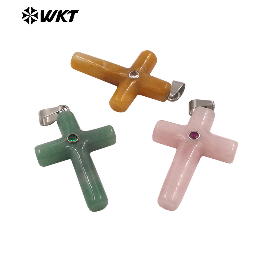 WT-P2070 Religious Style Silver Plated Zircon And Multi Natural Gemstones Cross Pendants As Boy Girl Handmade Jewelry Making
