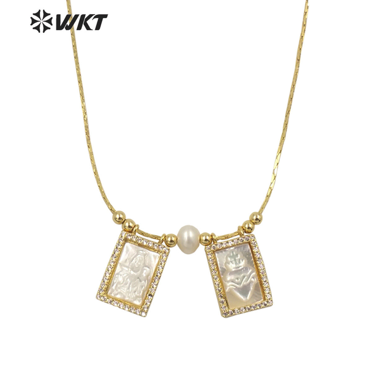 WT-JN137 Super Hot White Mother of Pearl Carved Saint Mary Heart Charm Necklace Gold Double White Shell Mary Christian Necklace
