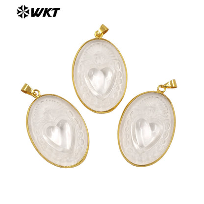 WT-JP514 Beautiful Gold Electroplated Oval Natural Crystal Quartz Heart Shape Pattern Pendant As Women Jewelry Making Accessory