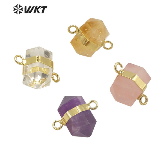 WT-P1764 Simple Cute Crystal Pendant Double Loops Bullet Shape Hexagonal Natural Stone Pendant Amethyst Citrine Pink Quartz